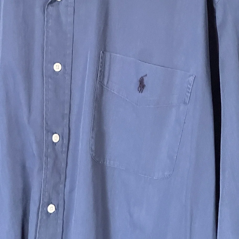 VTG 90s Ralph Lauren The Big Shirt Mens LT Blue Polo Pocket Pony Button Up XL